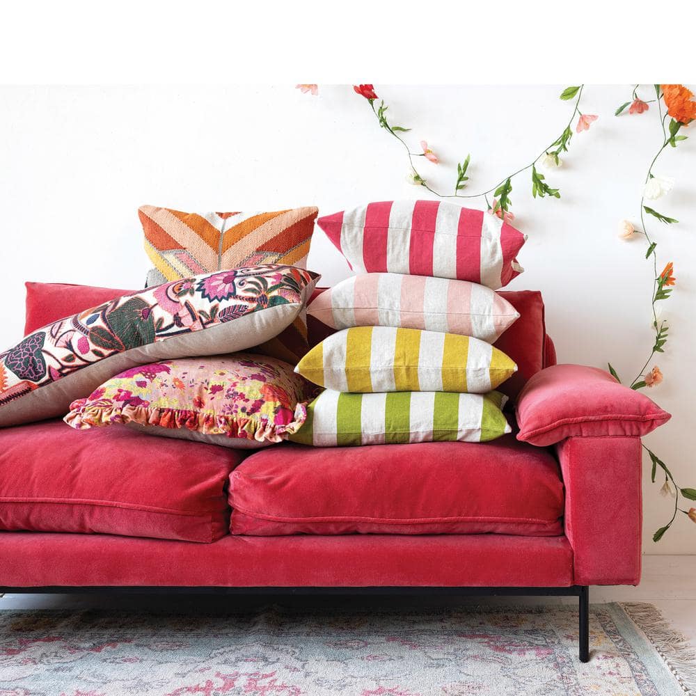 Multicolor Floral Velvet Square Pillow with Ruffle Trim