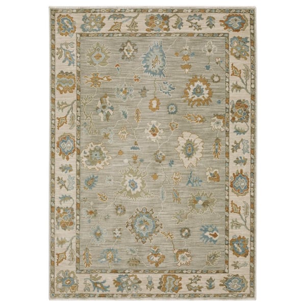 Maco Gray/Blue 10 ft. x 13 ft. Distressed Oriental Floral Polypropylene Fringe-Edge Indoor Area Rug