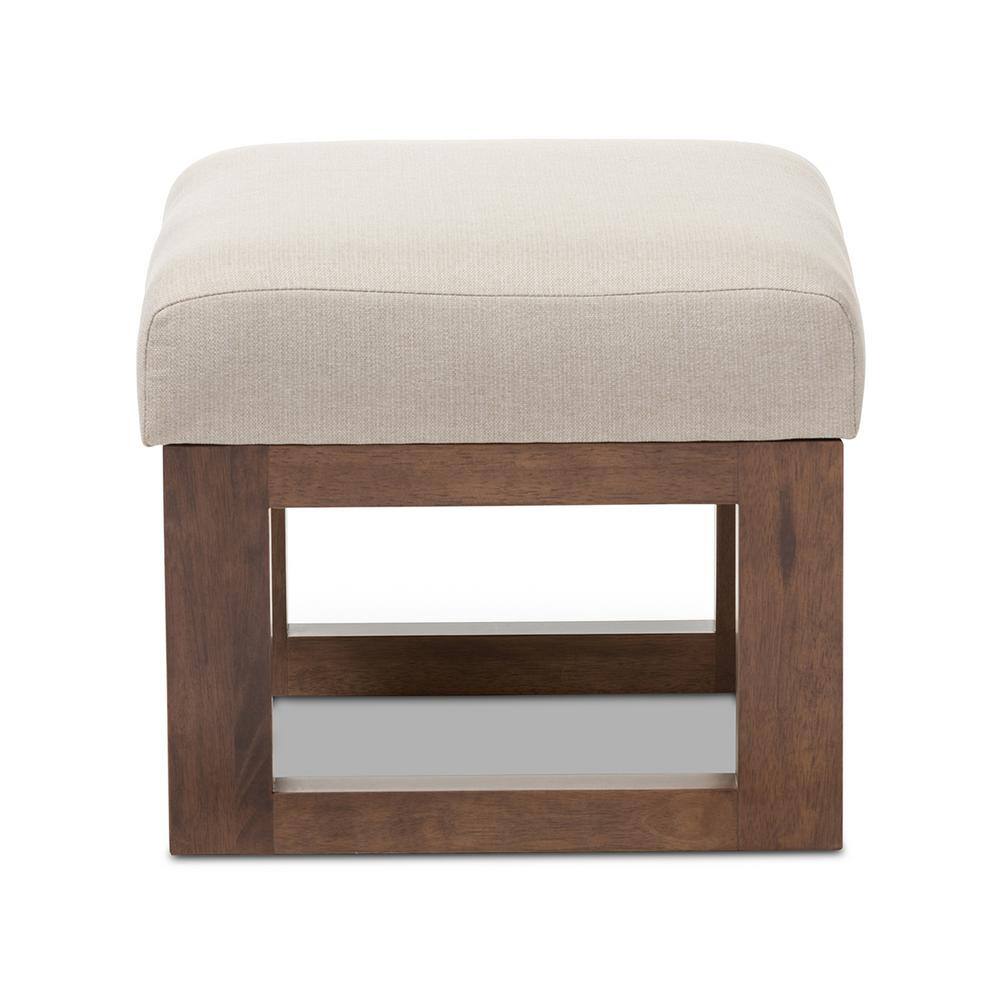 Yashiya Light Beige Fabric Upholstered Ottoman Stool with Walnut Wood Base