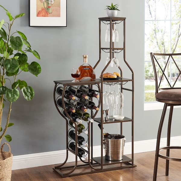 Gray 11 Bottle Wine Bakers Rack, 5 Tier Freestanding Wine Rack with Hanging Wine Glass Holder and Storage Shelves