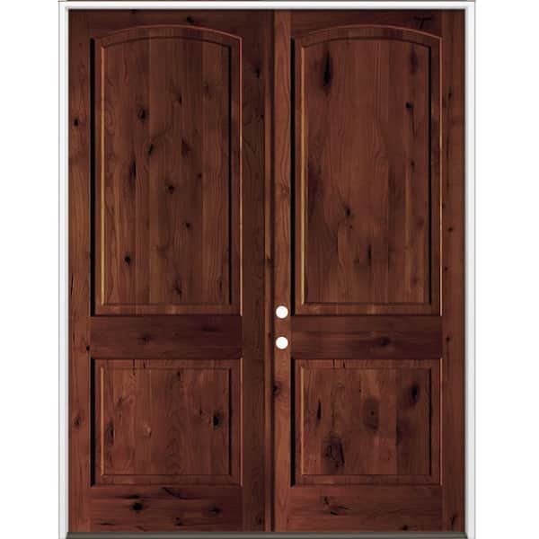 72 in. x 96 in. Rustic Knotty Alder 2-Panel Arch-Top Active Right Double BEHR Red Mahogany Stain Wood Prehung Front Door
