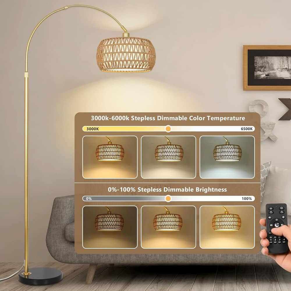 72 in. Gold Modern 1-Light LED Energy Efficient Arc Standard Floor Lamp Rattan Shade with APP Remote Dimmable Bulb price history on PriceWatchPro