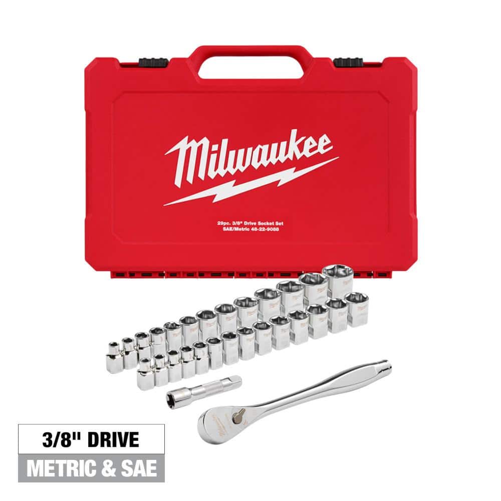 Milwaukee 3/8 in. Drive SAE/Metric Ratchet and Socket Mechanics Tool Set  (29-Piece) 48-22-9088 The Home Depot