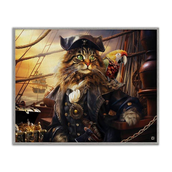 Pirate Cat on Ship by Michael David Ward Gray Framed Giclee Art Print Animal 16 in. x 20 in.