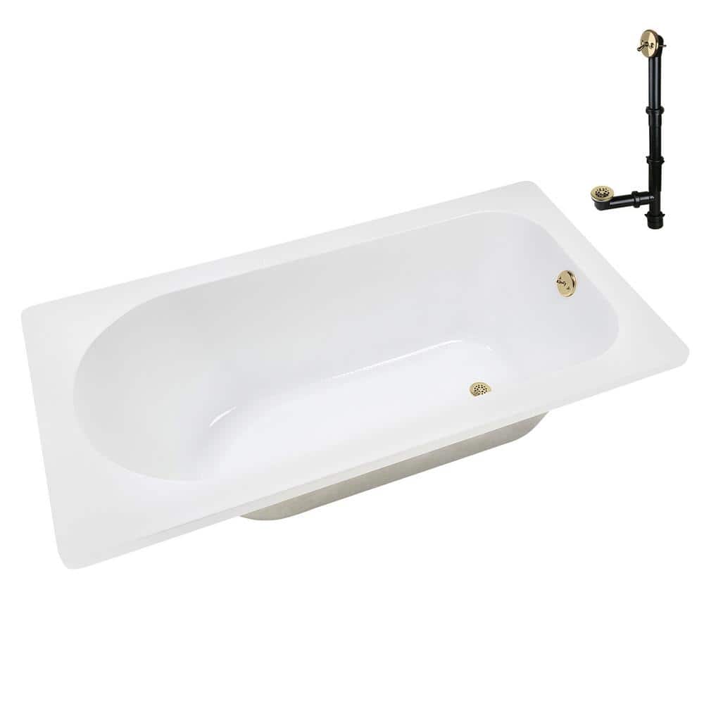 72" x 36" Glossy White Acrylic Soaking Drop-In Bathtub with Polished Brass Drain