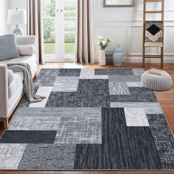 Modern Geometric Area Rug Living Room Decorative Rug Low Pile Non-slip Rug for Bedroom Kitchen Dining Room Gray 9X12ft
