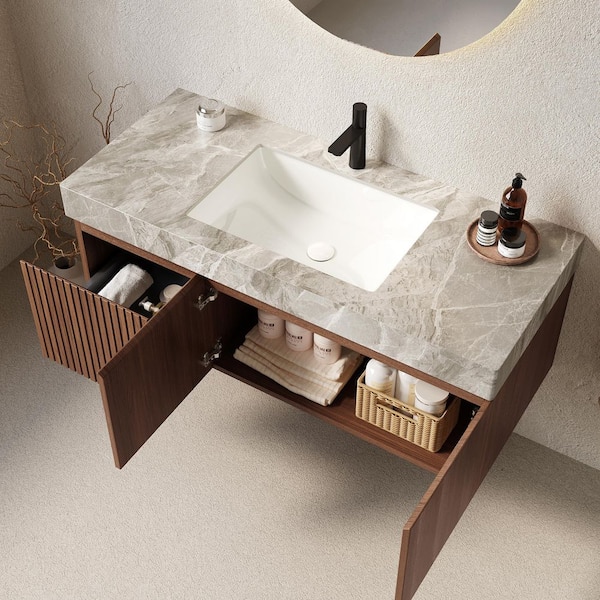 Liory 47. 64in. Floating Espresso Bath Vanity with White Ceramic Basin and Light Gray Sintered Stone Top Unassembled