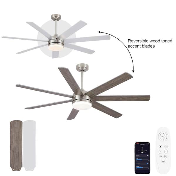 Coastal 62 in. Smart Indoor Brushed Nickel Large Ceiling Fan with Light and Reversible Plywood Blades