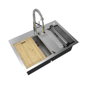 AIO Zero Radius Drop-in/Undermount 16G Stainless Steel 33 in. Double Bowl Workstation Kitchen Sink, Spring Neck Faucet