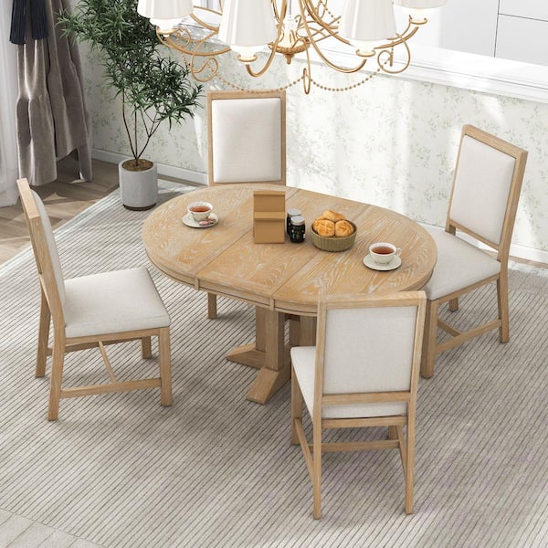 Harper & Bright Designs Farmhouse 5-Piece Natural Wood Wash Wood Top Extendable Round Dining Table Set with 4-Upholstered Chairs