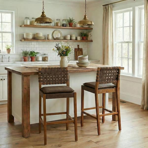 40.75 in. H Walnut Finish Wood Bar Stools with Dark Brown PU Seat (Set of 2)