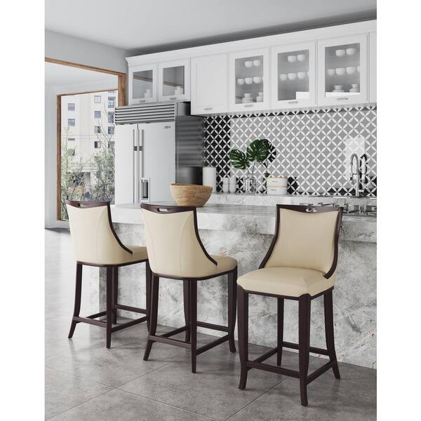 Emperor 27 in. Cream and Walnut Beech Wood Bar Stool with Faux Leather Upholstered Seat (Set of 3)