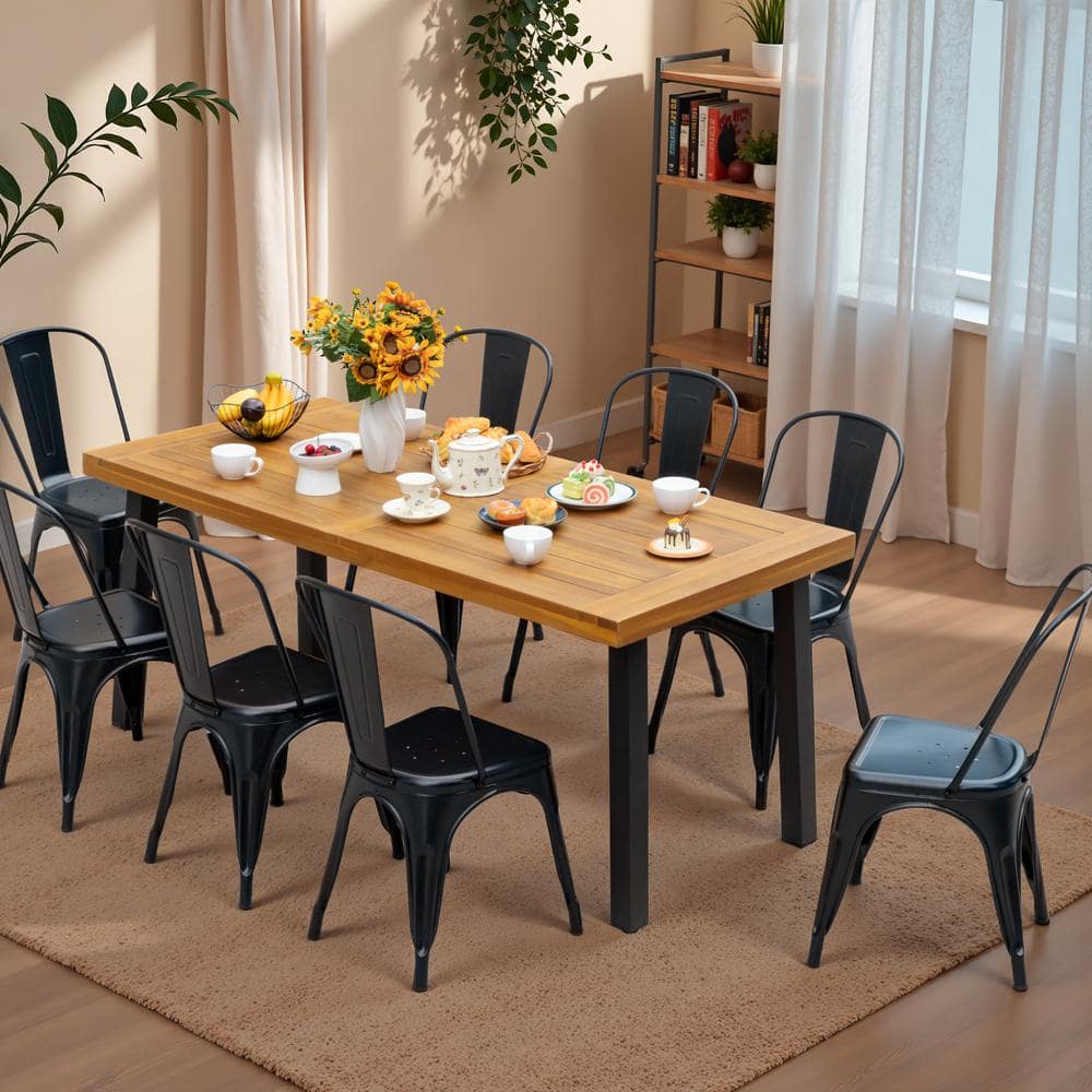 Tozey 9-Piece Outdoor Dining Set Yellow Acacia Wood Table Tozey 9-Piece Outdoor Dining Set Yellow Acacia Wood Table
