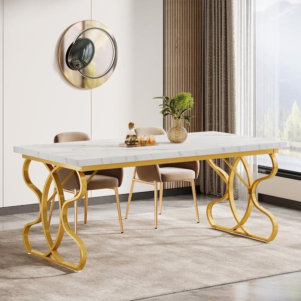 BYBLIGHT Modern White and Gold Faux Marble 63 in. Double Pedestal Dining Table Seats 4 to 6