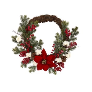19in. Poinsettia with Berries and Cotton Artificial Wreath