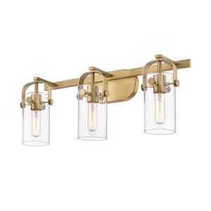 Pilaster 24.25 in. 3-Light Brushed Brass Vanity Light with Clear Glass Shade