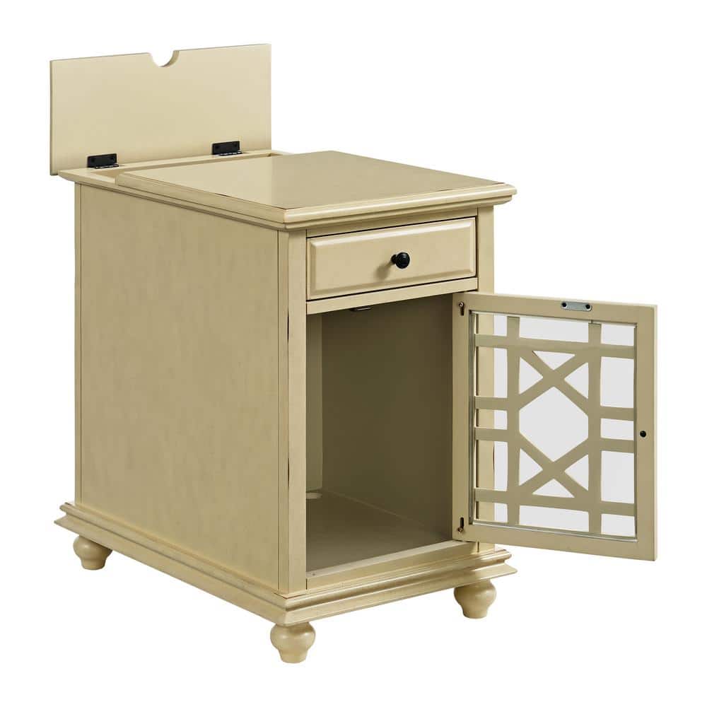 Antique White Elegant Chairside Table with Power Outlets and USB Ports