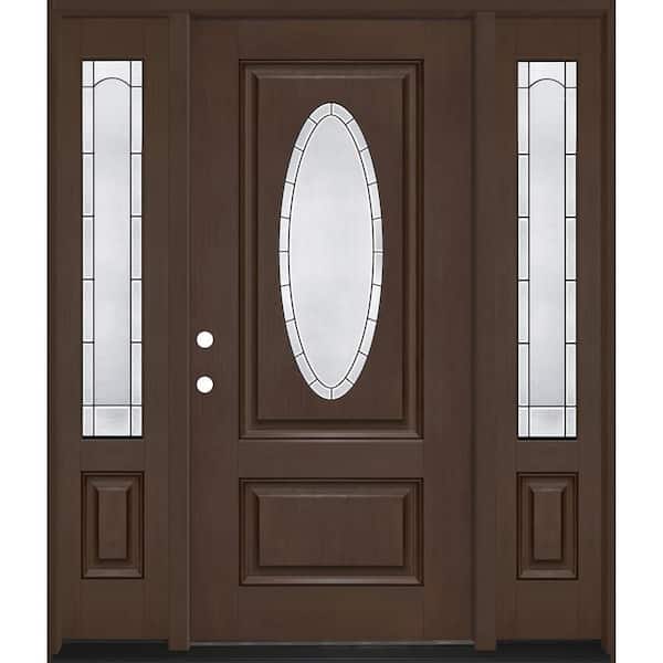 Regency 68 in. x 80 in. 3/4L Oval Empire Glass RHIS Hkry Mahogany Fiberglass Prehung Front Door w/14in-Full SLs 4-9/16