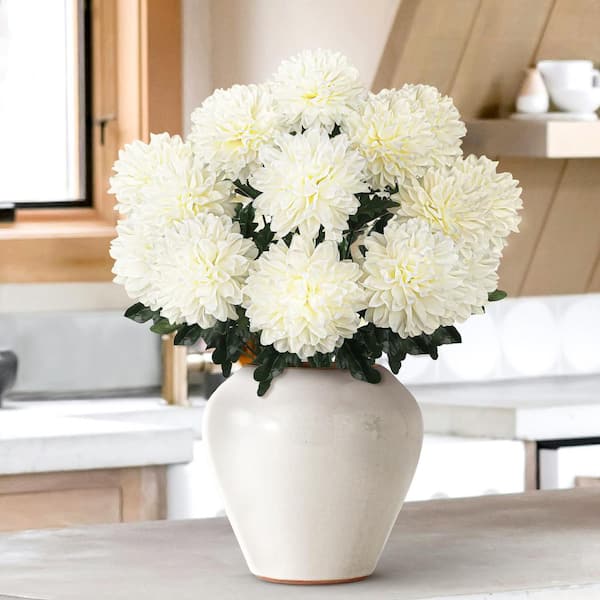 22 in. Cream White Artificial Ball Mum Pom Pom Flower Stem Bush Bouquet (Set of 2)