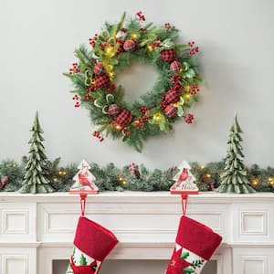 24 in. D Ornament Berry Holly Pine Artificial Christmas Wreath With Lights