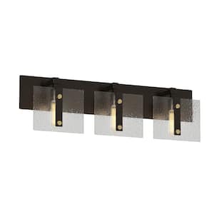 24 in. 3-Light Black and Antique Gold Vanity Light with Verre Strie Glass