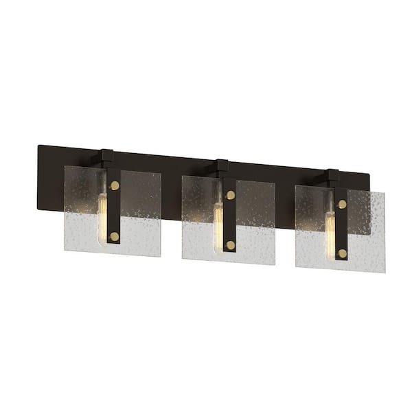 Edvivi 24 in. 3-Light Black and Antique Gold Vanity Light with Verre Strie Glass