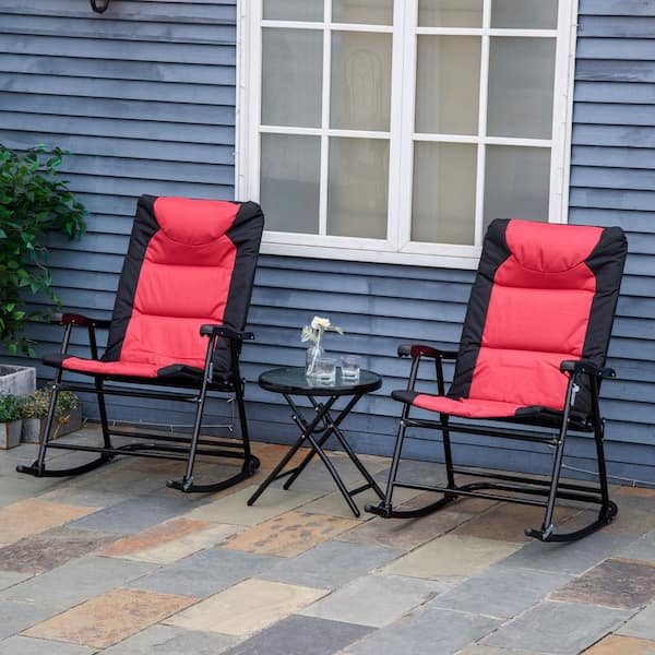 Zeus & Ruta Red 3 Piece Metal Patio Outdoor Bistro Set with Glass Coffee Table and 2 Folding Padded Rocking Chairs with Red Cushions