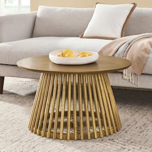 Modern 31.5 in. Yellow Brown Round MDF Coffee Table with Solid Wood Frame