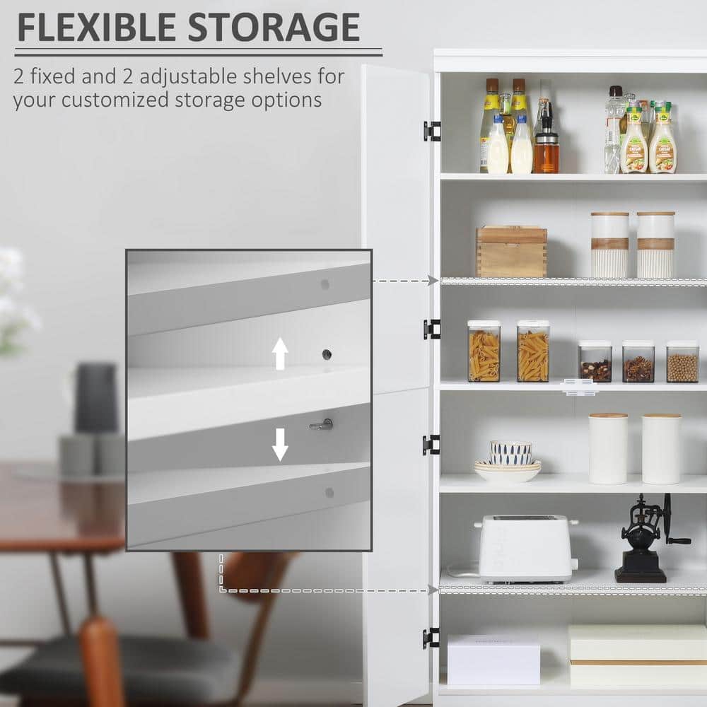 Tall White Freestanding Kitchen Pantry with Adjustable Shelves