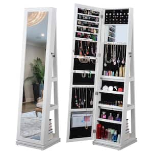 White MDF 15.7 in. W x 15.7 in. L x 65 in. H Free Standing Jewelry Armoire with Mirror, External 3-layer Shelf