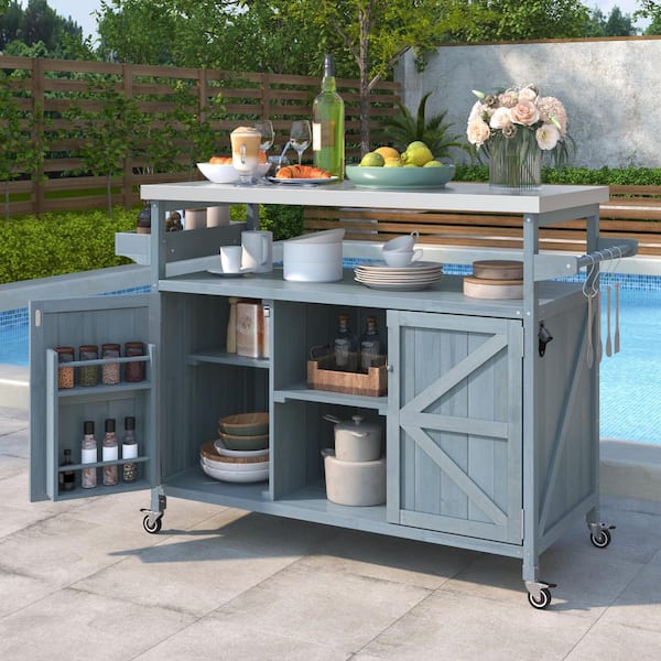 Farmhouse Gray Blue Stainless Steel 50 in. Outdoor Patio Kitchen Island Grill Table Bar Cart with Internal Storage Rack