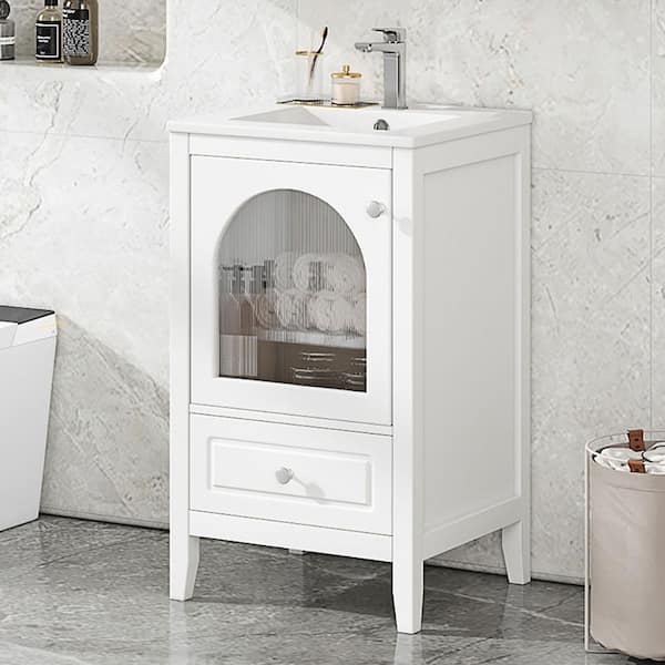 20 in. Single Sink Freestanding White Bath Vanity with White Ceramic Top, Stainless Steel Hinges
