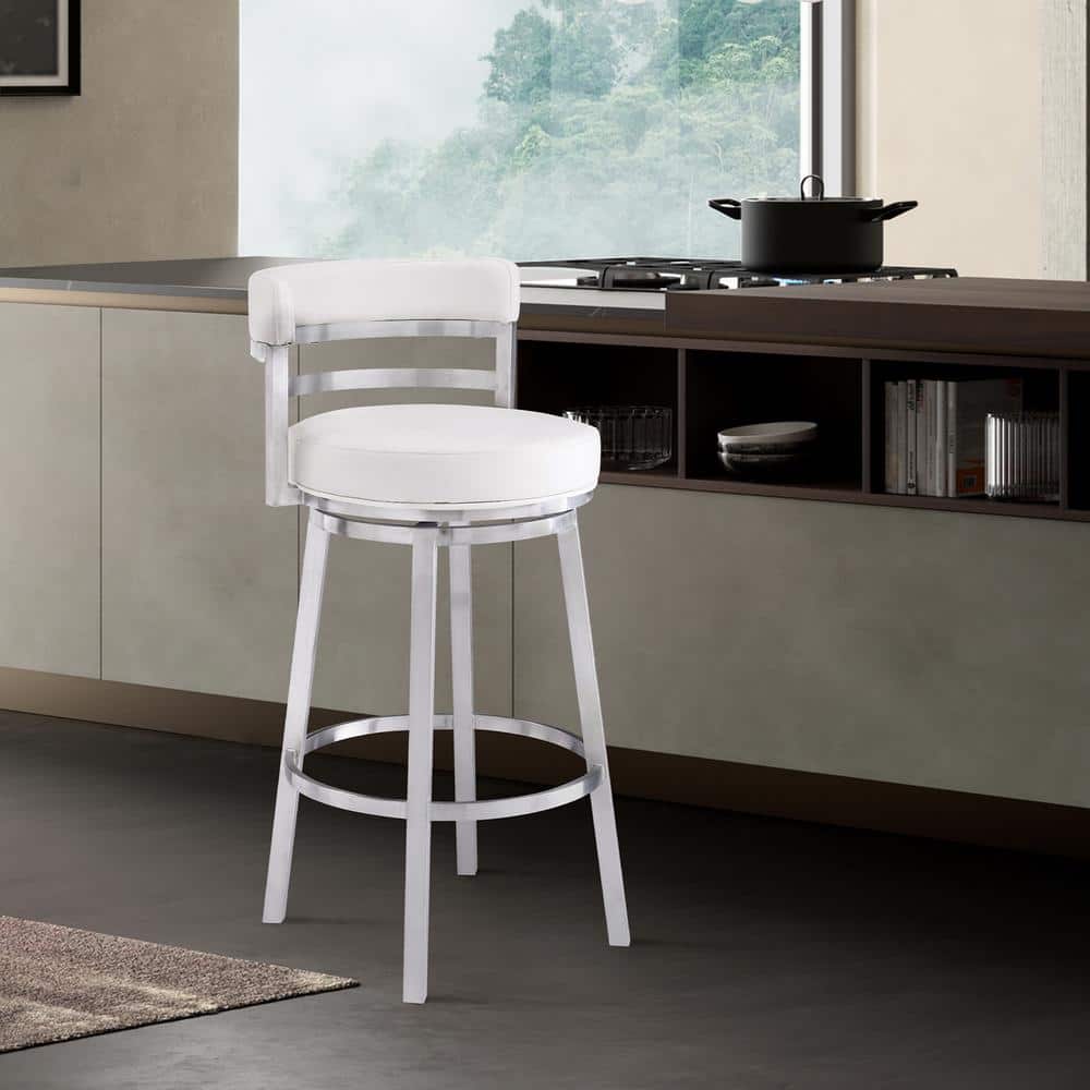 Luxe Swivel 26" White Faux Leather & Brushed Stainless Steel Barstool