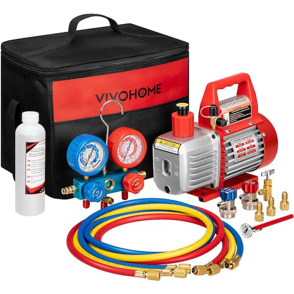 110-Volt 1/4 HP 3.5 CFM Single Stage Rotary Vane Air Vacuum Pump and R134a AC Manifold Gauge Set with Thermometer in Red