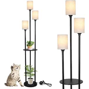 66.3 in. Brown & Black Modern 3-Light Standard Floor Lamp for Bedroom with Shelves, Foot Switch and Linen Shade