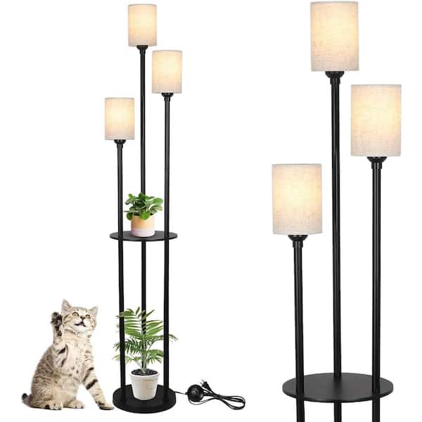 Lukyamzn 66.3 in. Brown & Black Modern 3-Light Standard Floor Lamp for Bedroom with Shelves, Foot Switch and Linen Shade