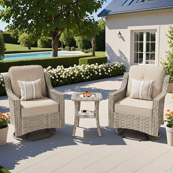 Evolve 3-Piece Wicker Outdoor Rocking Chair Set with Beige Cushions
