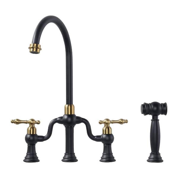Solid Brass Double Handle High-Arc Deck Mounted Bridge Kitchen Faucet with Side Sprayer in Black and Gold