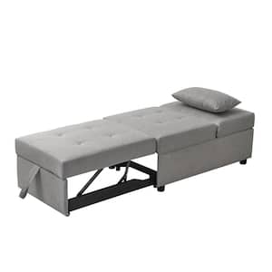 SignatureHome Light Grey Finish Vinyl/Linen Convertible Ottoman Chair Bed Sleeper with Reclining Positions 3