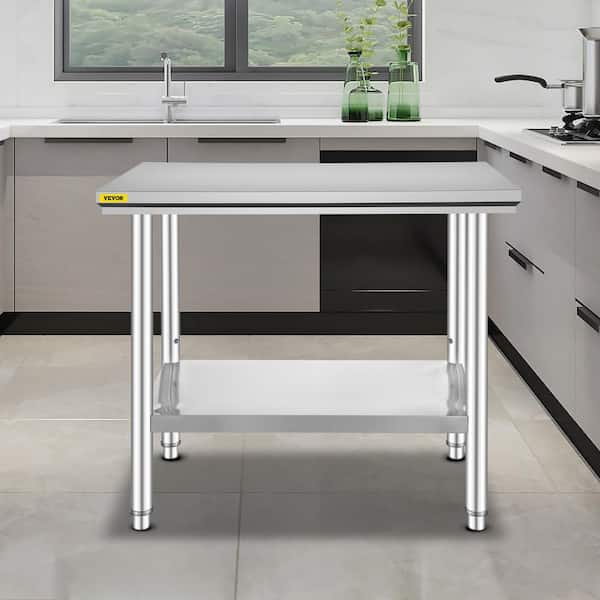 VEVOR Commercial Prep Table 35.4 x 23.6 x 31.5 in. Kitchen Prep Table with Adjustable Feet Kitchen Utility Tables,Silver