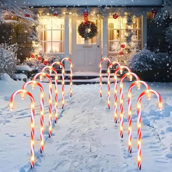 12 Piece Christmas Candy Cane Christmas Pathway Lights, 12 in. Christmas Stakes Lights