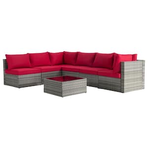 7-Piece Gray Wicker Patio Conversation Sofa Set - Outdoor Sectional Seating Set