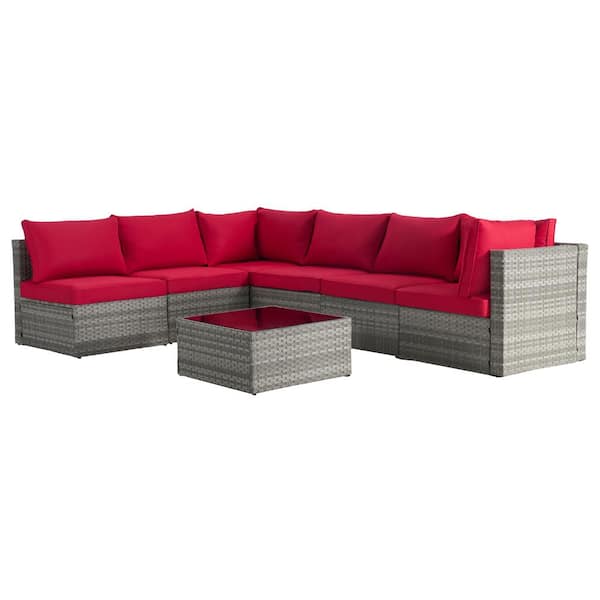BFB 7-Piece Gray Wicker Patio Conversation Sofa Set - Outdoor Sectional Seating Set