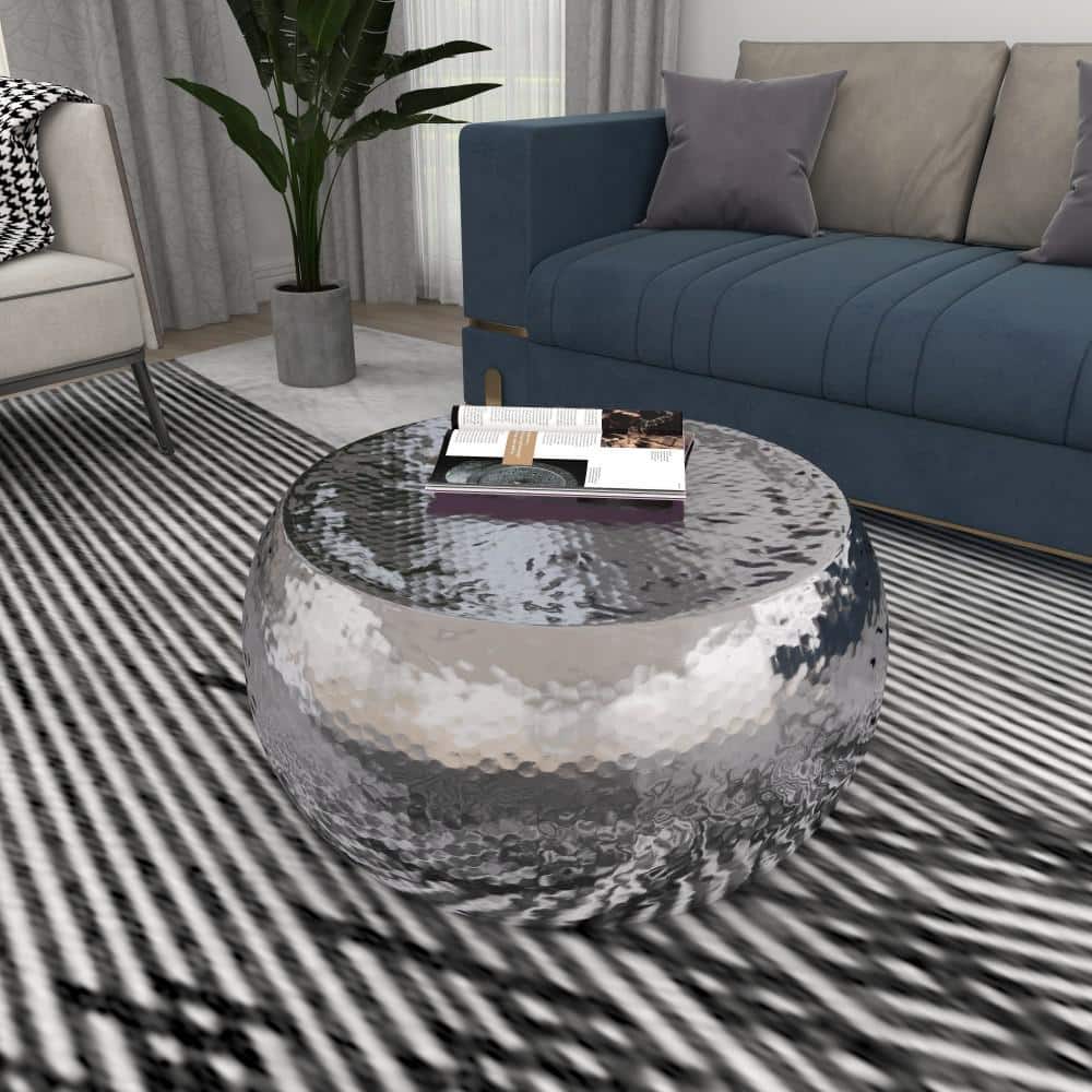 Silver Drum Shaped Metal Coffee Table with Lift-Top Storage