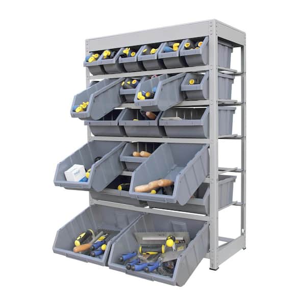 Gray 6-Tier Boltless Bin Storage System Garage Storage Rack (22 Plastic Bins in 6 Tier)