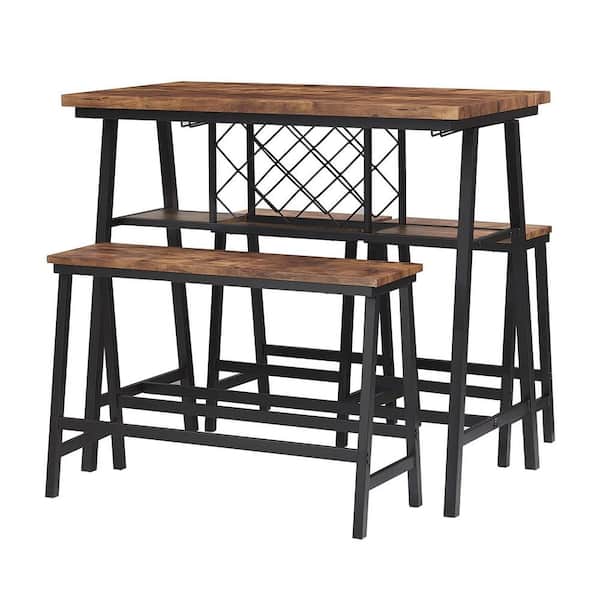 Dining Bar Table Set With Stools Bench, Counter Height Dining Table With Wine Storage
