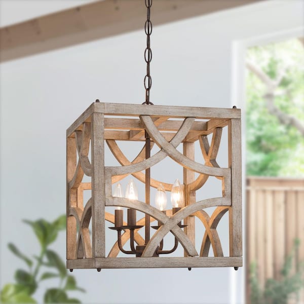 LNC Farmhouse Modern Brown Wood Candlestick Chandelier 4-Light Rustic Square Adjustable Cage Pendant Light with Rusty Accent