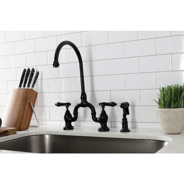 Bridge Kitchen Faucet – Two-Handle Deck-Mount, Matte Black Brass Construction, 8-Inch Centerset, 1.5 GPM, 180° Swivel Spout