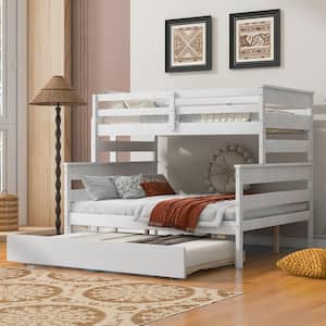 Detachable Style White Wood Twin Over Full Bunk Bed with Twin Size Trundle, Built-In Ladder