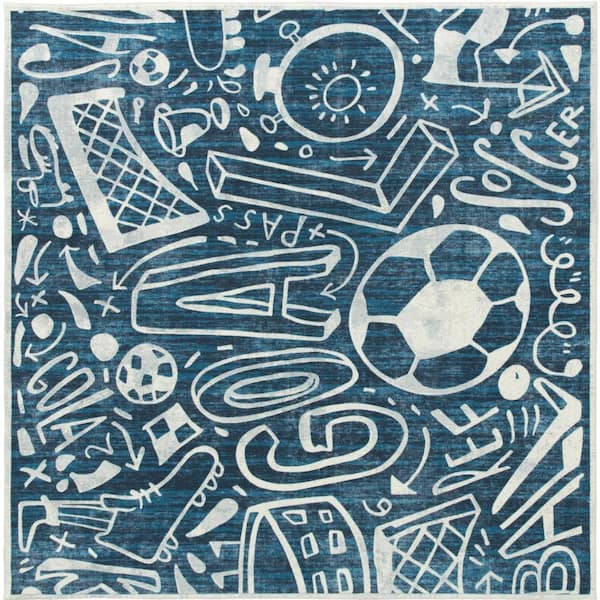 6 ft. x 6 ft. Denim/Chalk Sportsglyphs Abstract Washable Area Rug